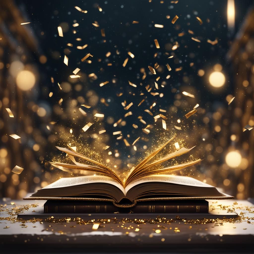 Open Book with Handwritten Text, Gold Confetti on Podium