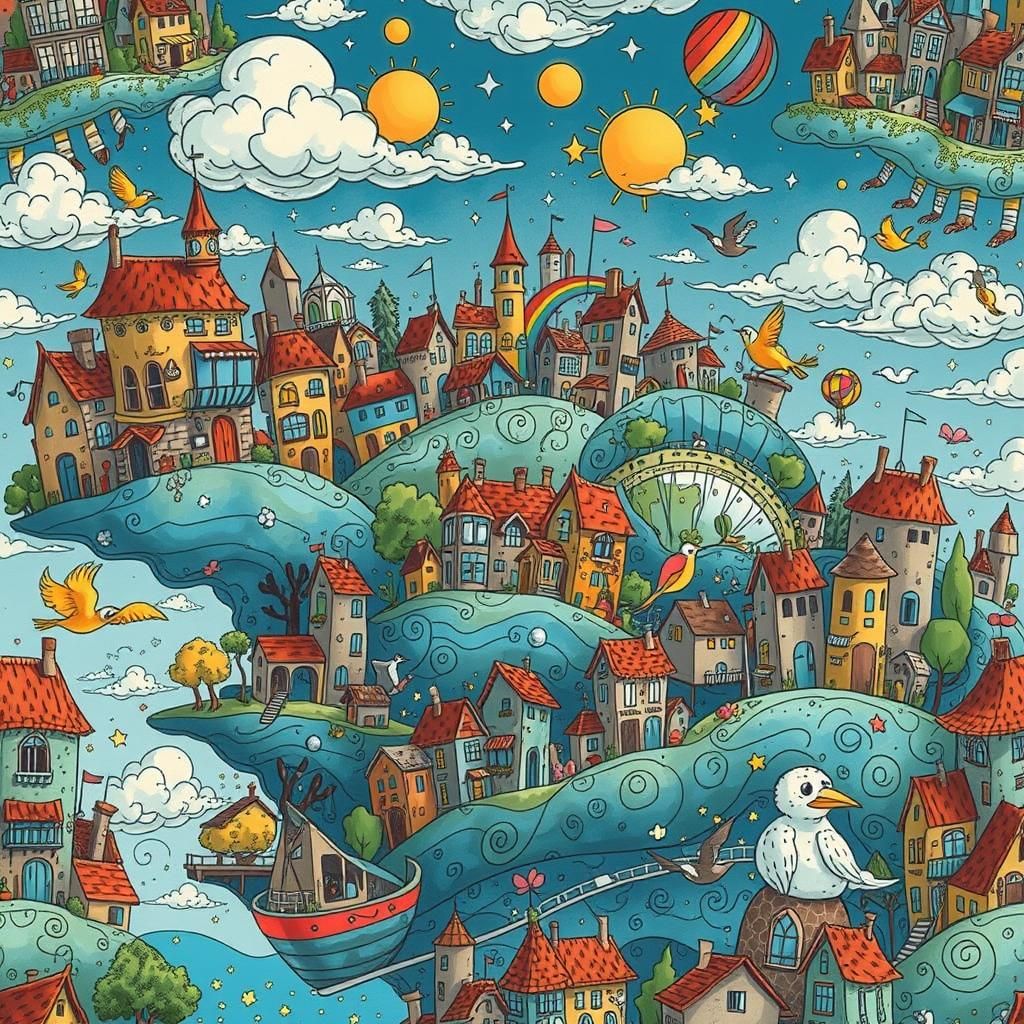 Surreal Doodle Cityscape with Rainbow Sky