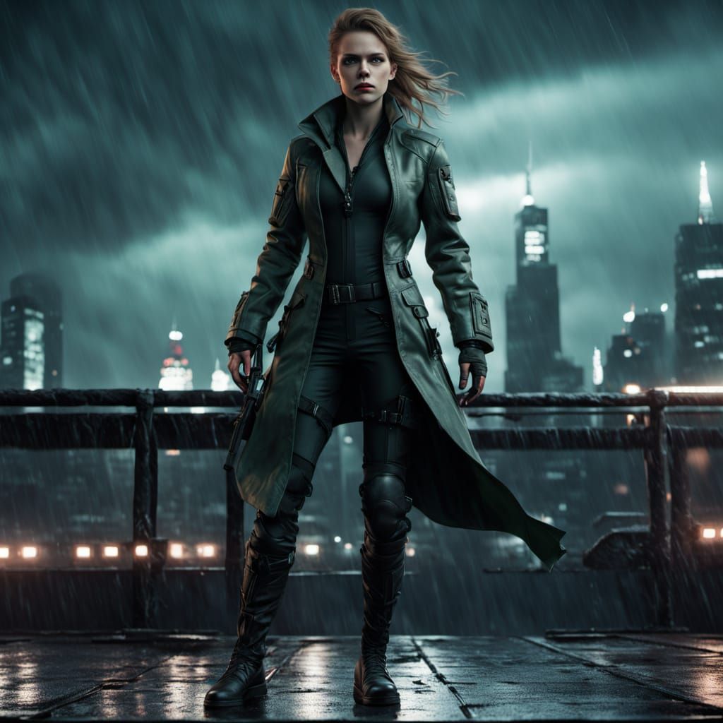 Rainy Rooftop Assassin in Hyper-Realistic Digital Art