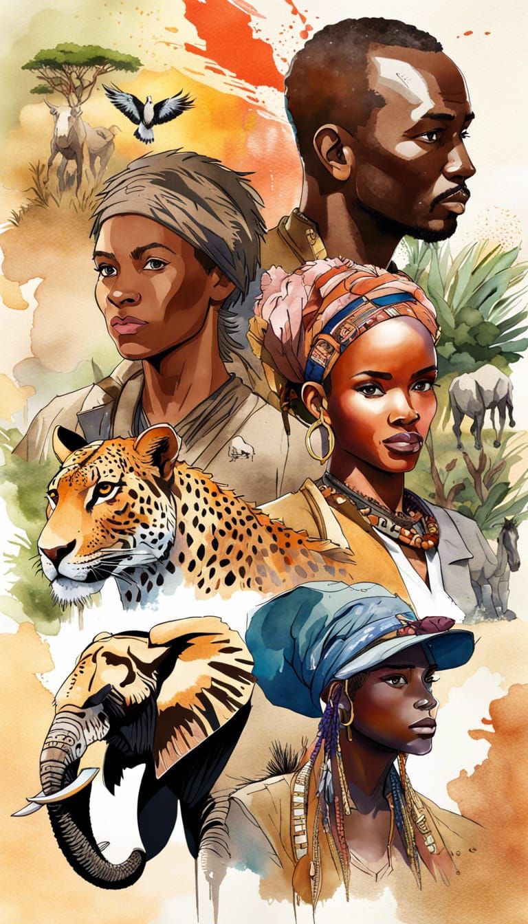African Wildlife Watercolor Collage in Anime Style