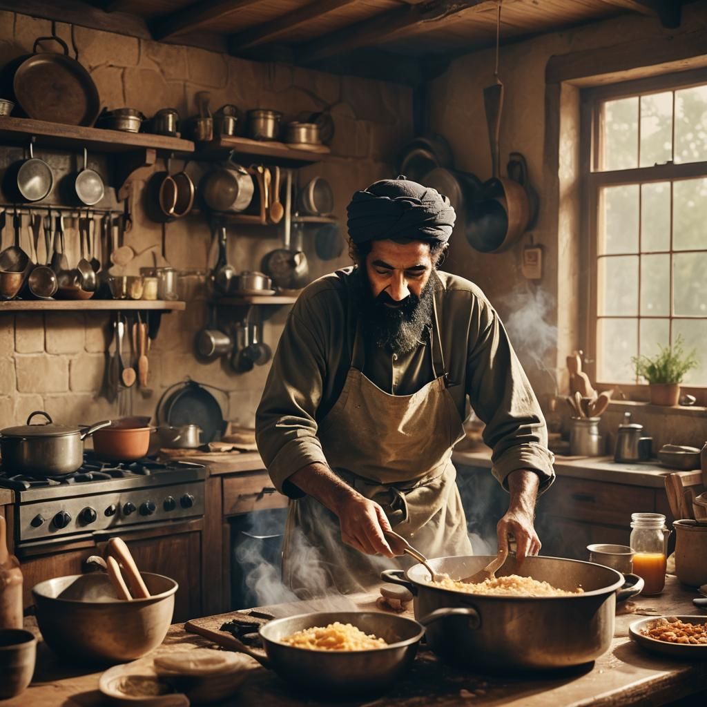 Rustic Kitchen Scene with Man Cooking, Cinematic Style