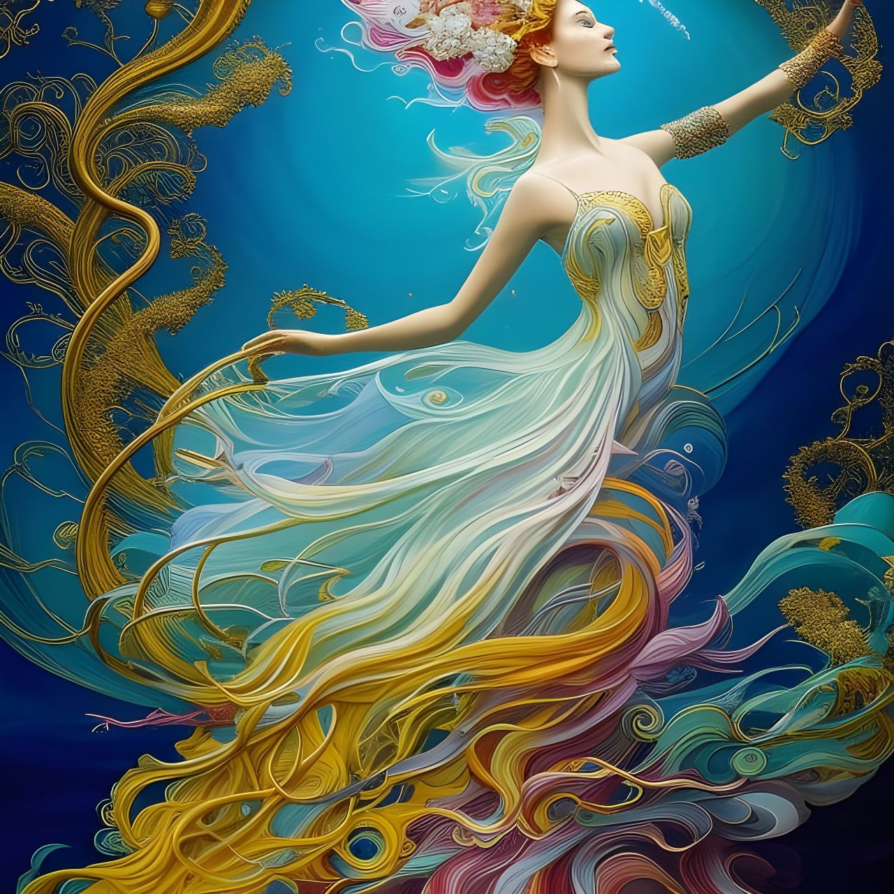 Elegant Woman Dancing in Liquid Solar Winds