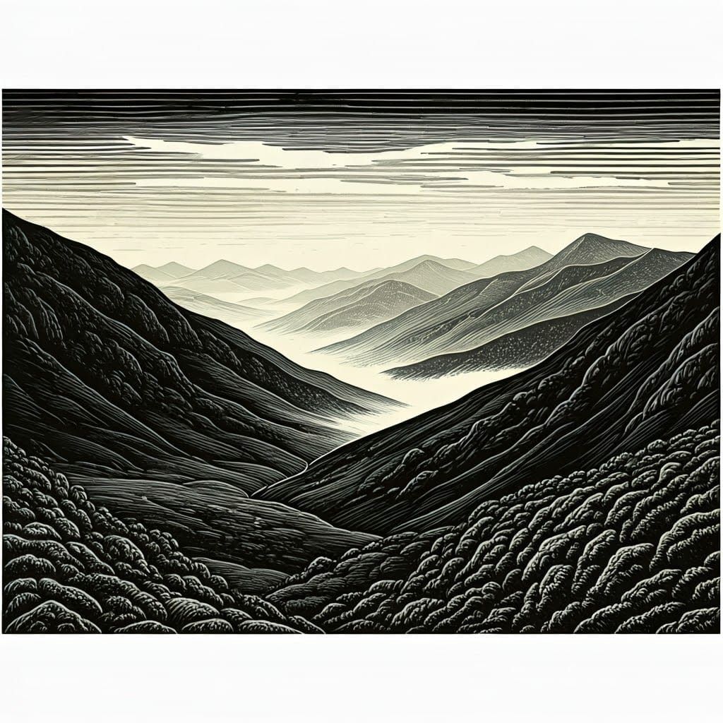 Modern Wood Engraving of Welsh Mountains in Misty Morning Li...
