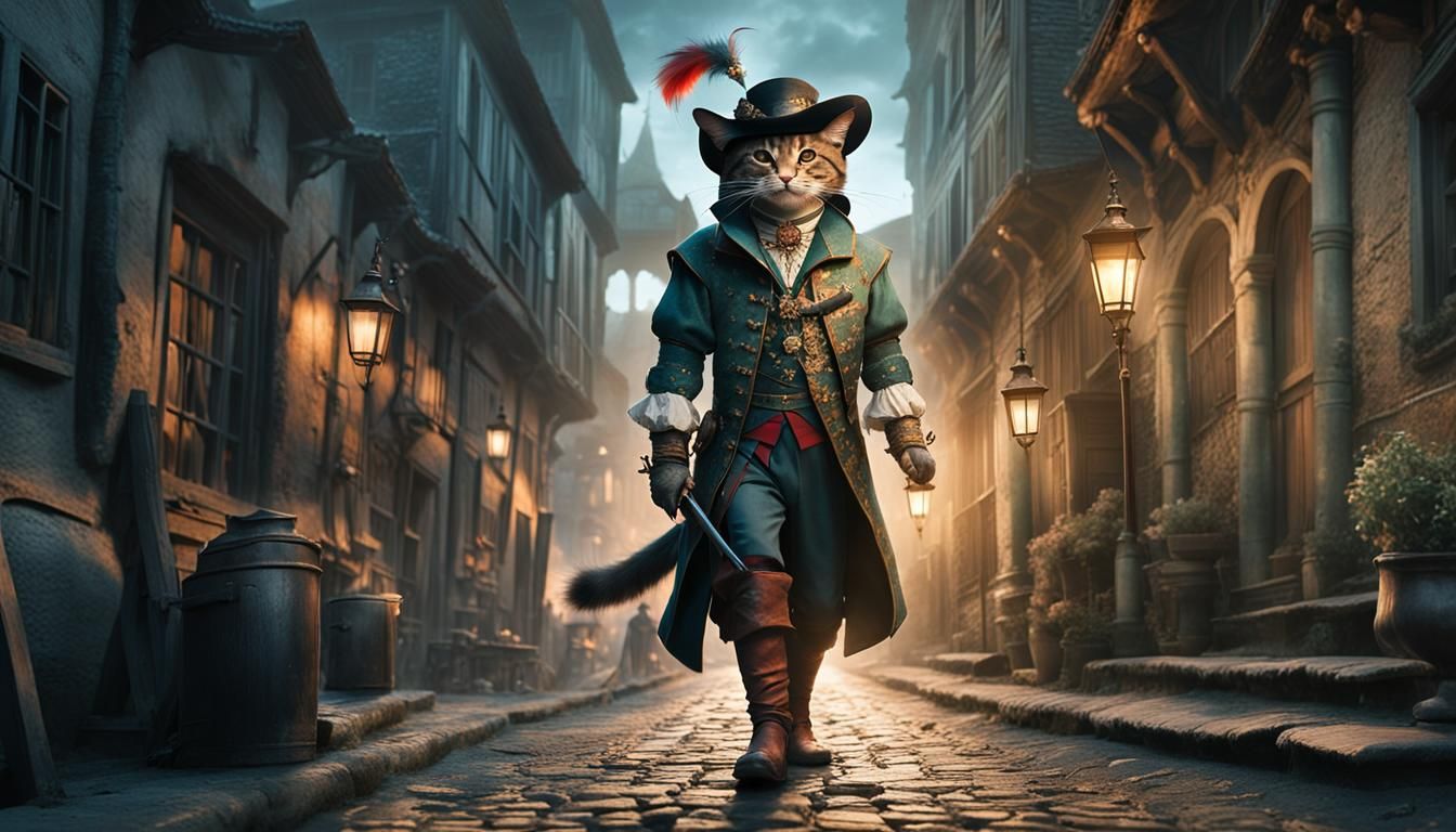 Cat Muskeeteer Strolls French Town