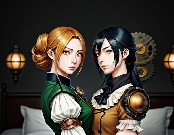 Twin Sisters Kissing in Steampunk Manga Style