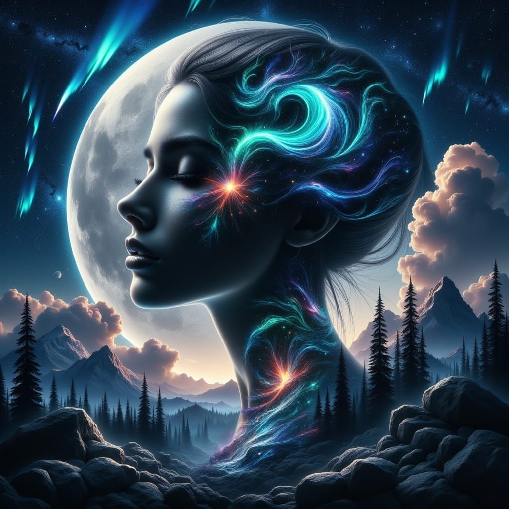 Ethereal Woman Under Aurora Borealis, Surreal Digital Art