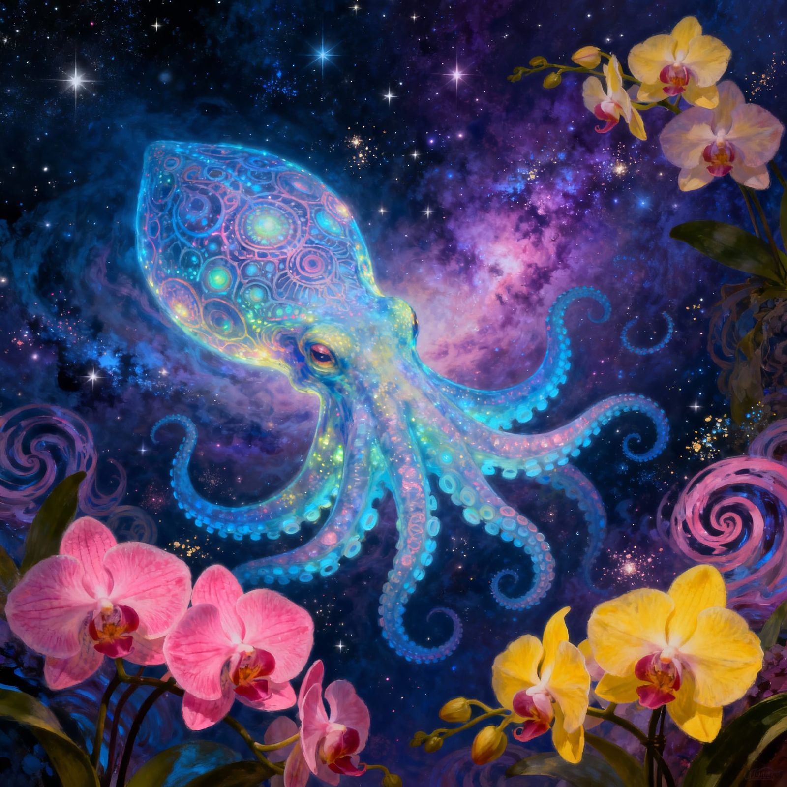 Bioluminescent Octopus Drifting Through Orchid Nebula