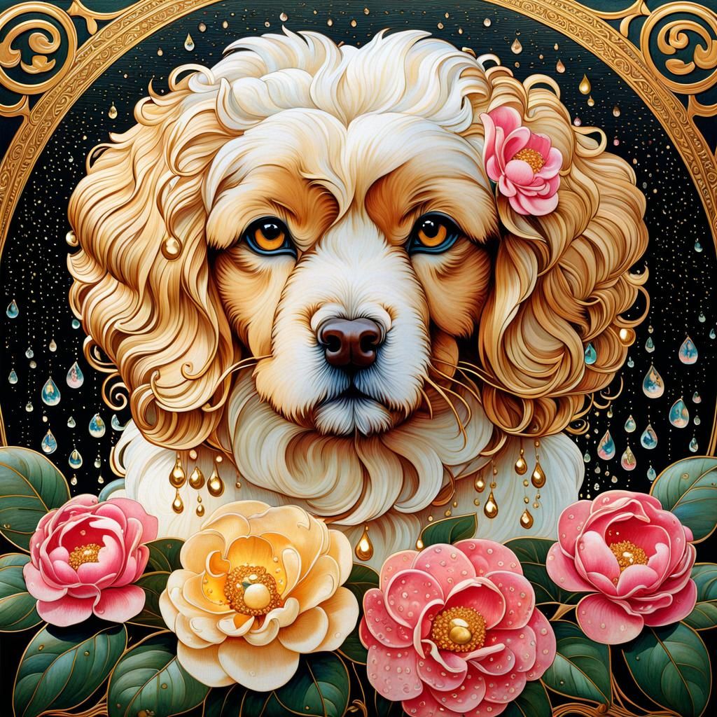 Golden Puppy with Camellias in Art Nouveau Style