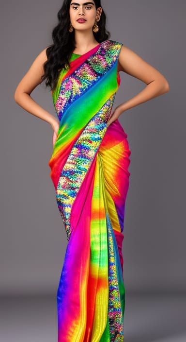 Psychedelic Sari Portrait in Frida Kahlo Style