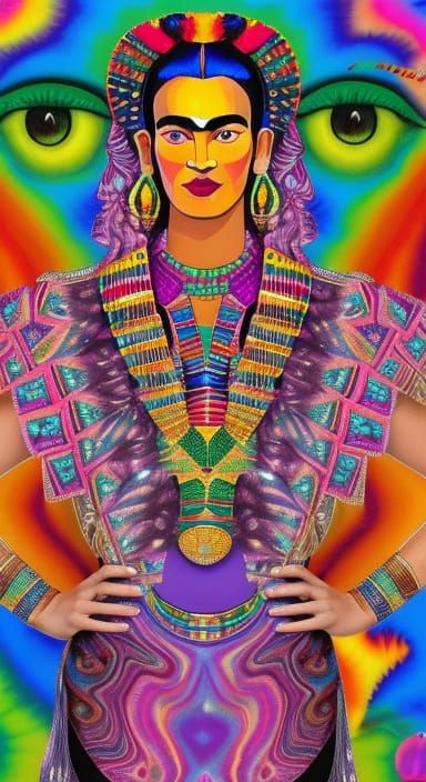 Prismatic Metallic Rainbow Woman in Frida Kahlo Style