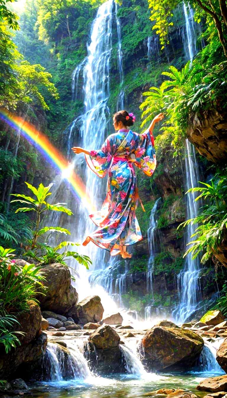 Ethereal Kimono Dancer Beneath Gigantic Waterfall