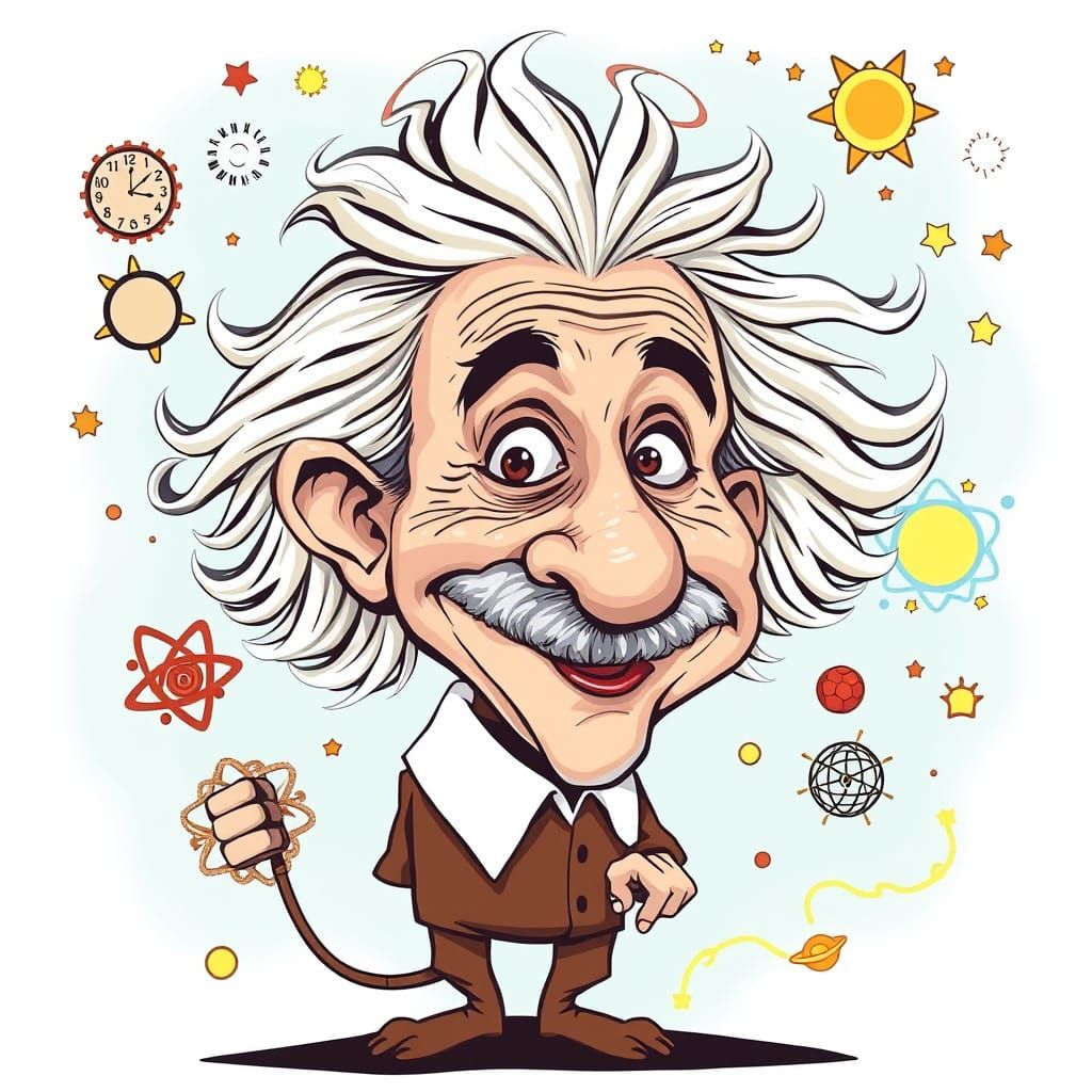 Whimsical Einstein Caricature with Cosmic Energy and Science...