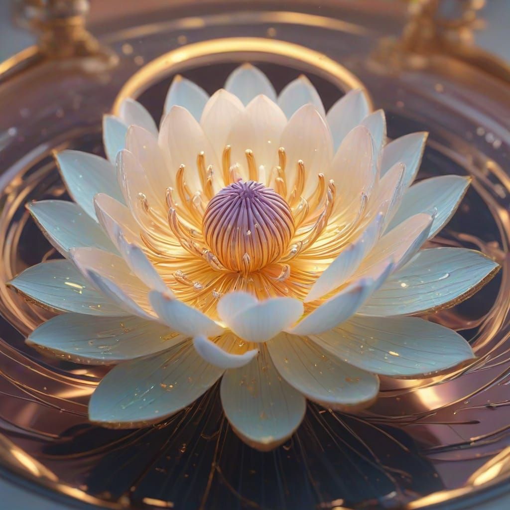 Ethereal Holographic Lotus in Art Nouveau Style