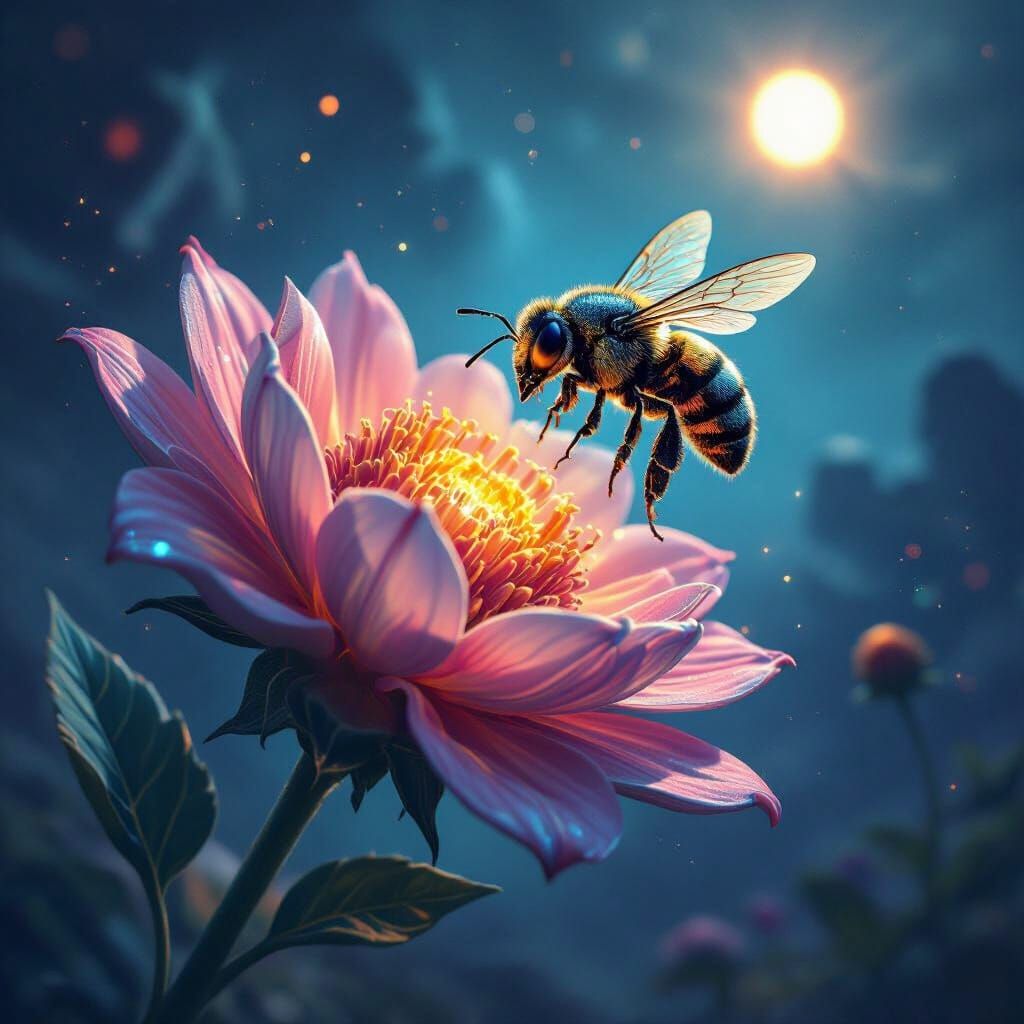 Metallic Bee on Alien Planet Over Bioluminescent Flower