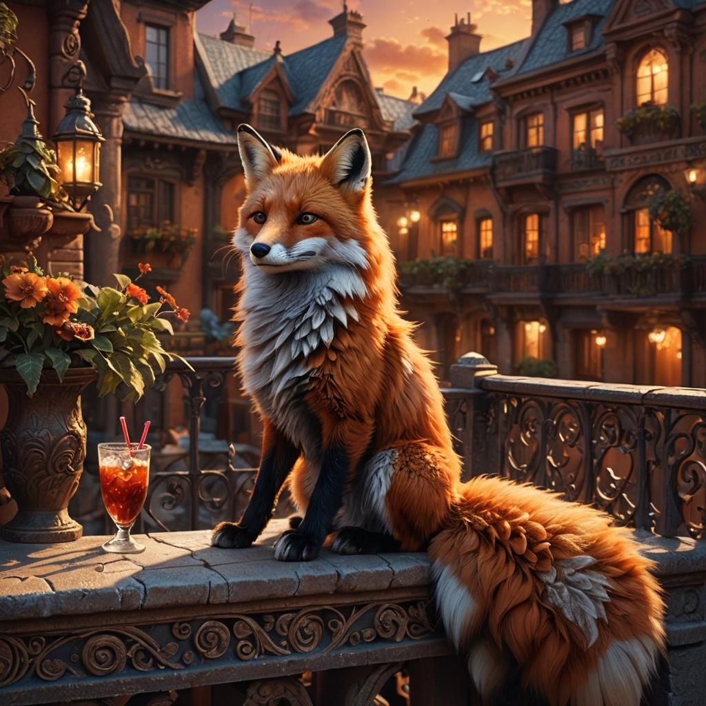 Fox Drinking Coke on Balcony: Matte Painting