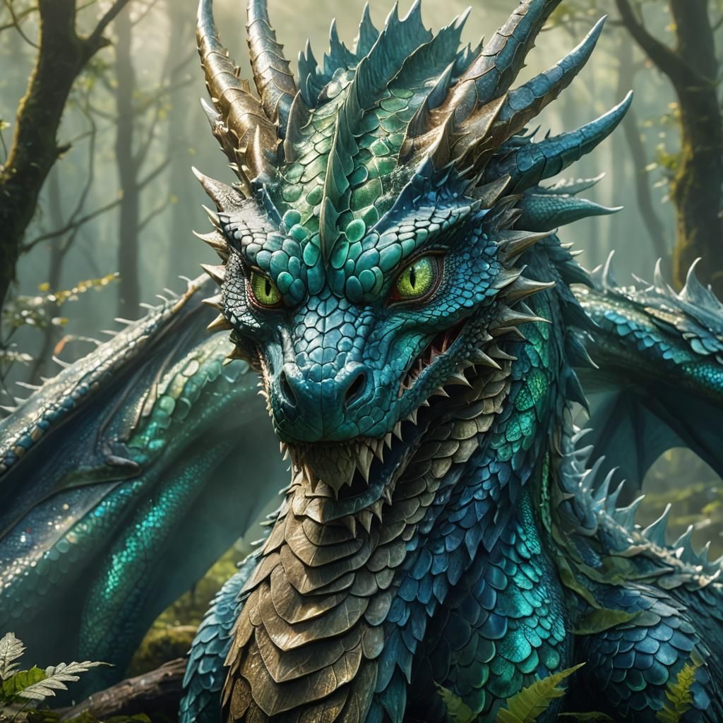 Serene Dragon Portrait in Misty Forest Clearing