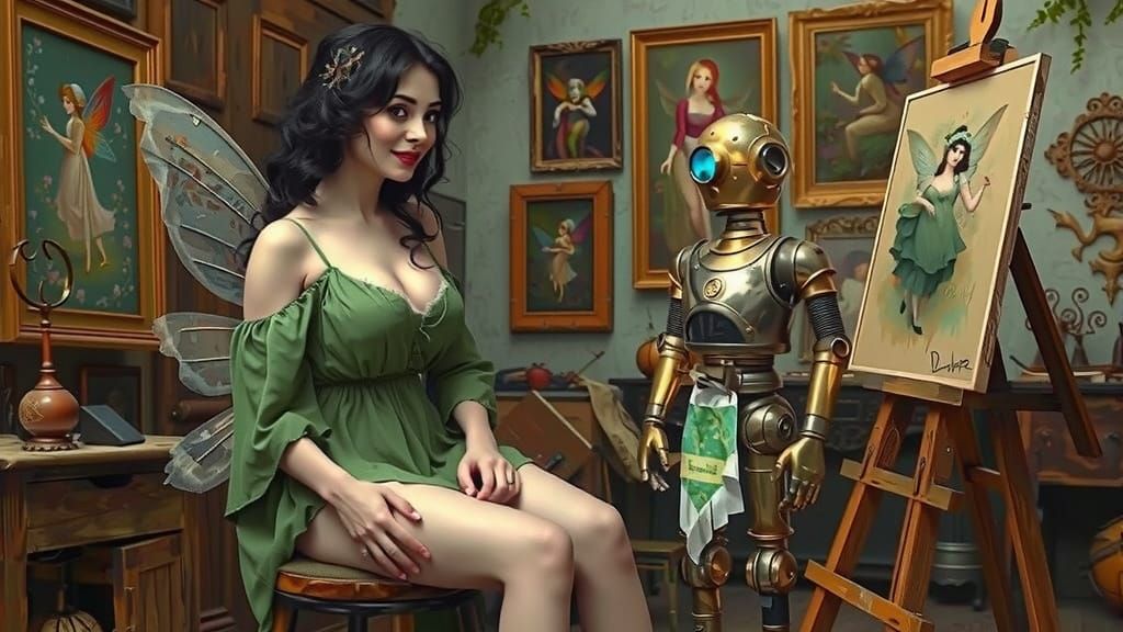 Victorian Woman in Art Studio with Robot