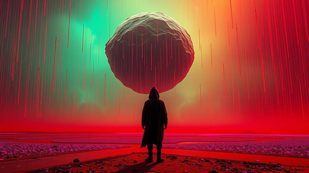 Crimson Figure Observes Asteroid in Surreal Landscape