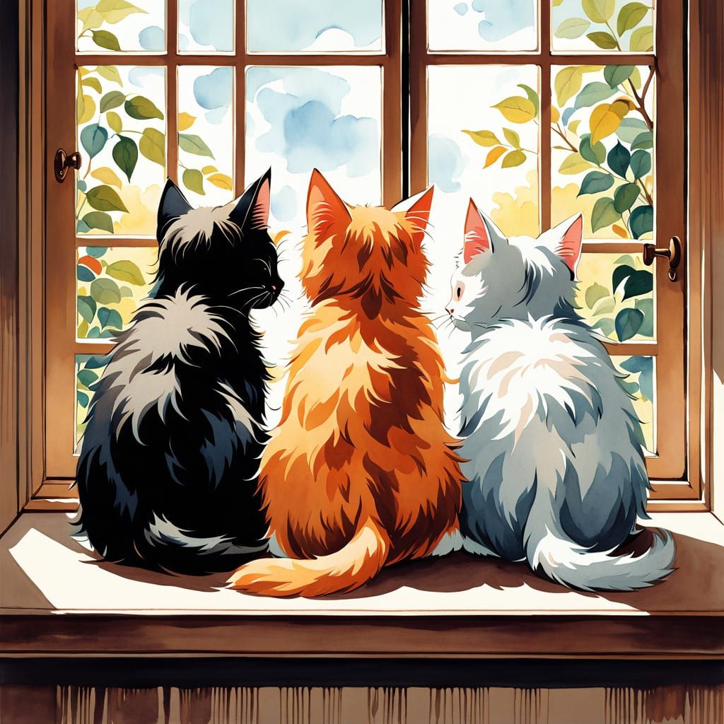 Whimsical Vintage Illustration of Snuggled Kittens in Sunlit...