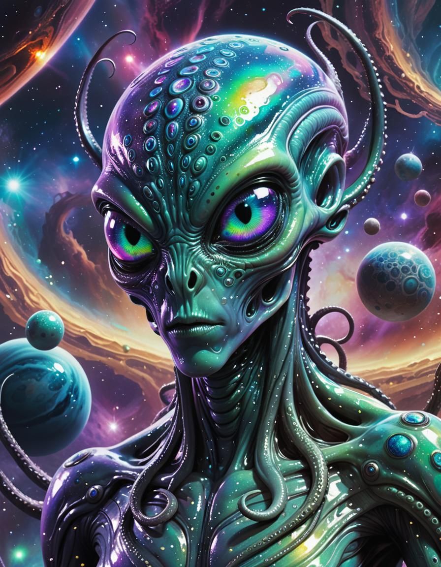 Iridescent Alien Criminal in Sci-Fi Holographic Display