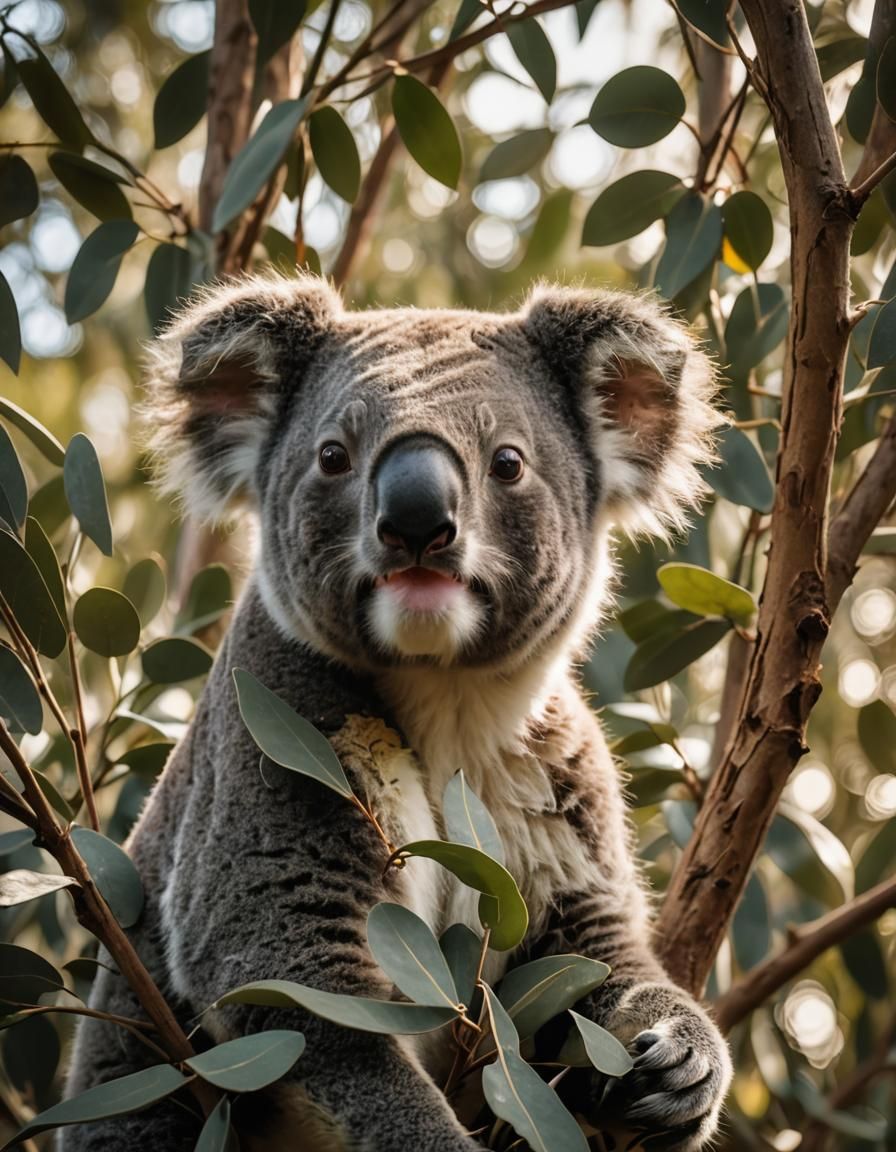 Koala Bear Eating Eucalyptus Leaves in Sunlight