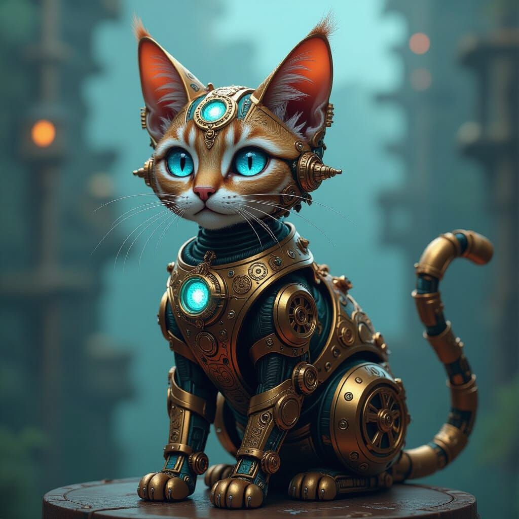Intricately Mechanical Steampunk Cat with Blue Optics
