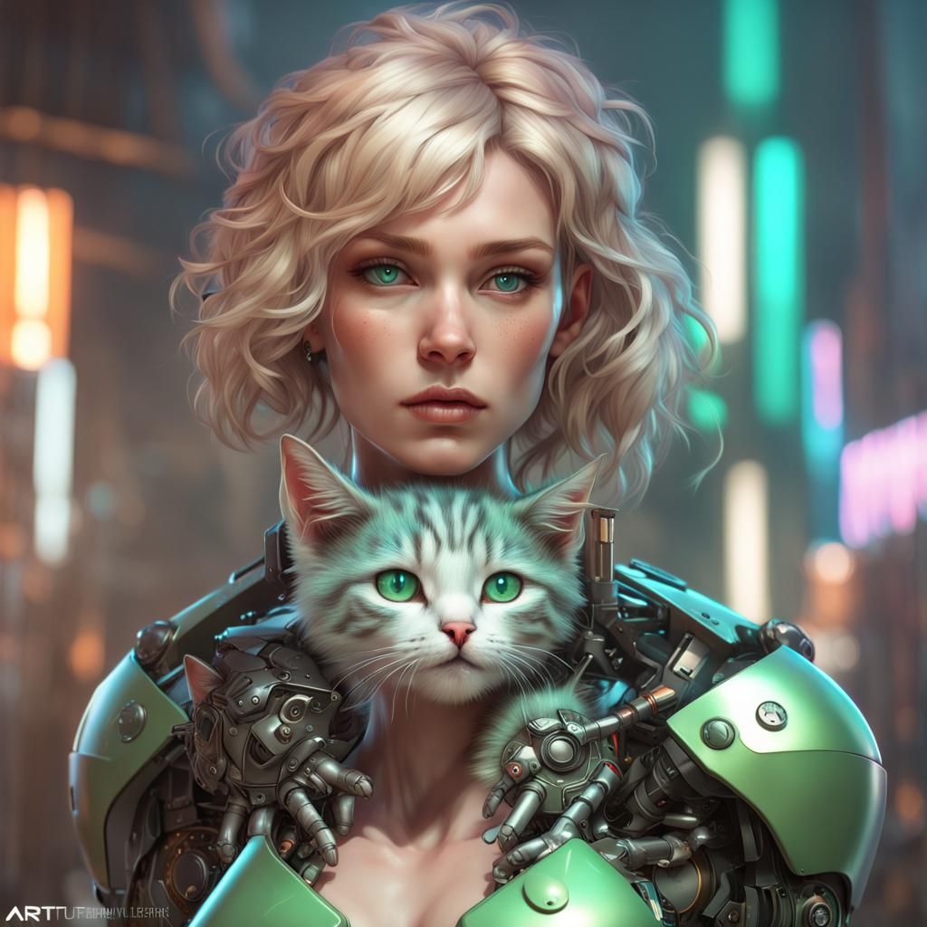 Robot Woman Portrait Holding Kitten, Hyperdetailed Art