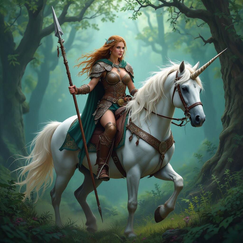 Celtic Warrior Queen Riding Unicorn in Forest