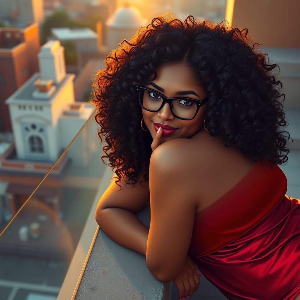 Curvy Woman in Red Lounging in Golden Sunlight