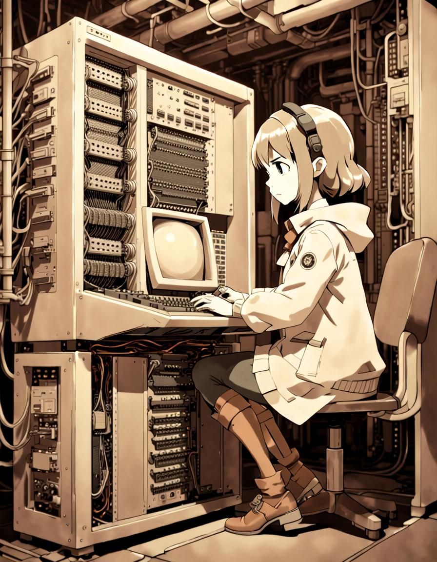 Vintage Anime Portrait: Computer Operator and Mainframe