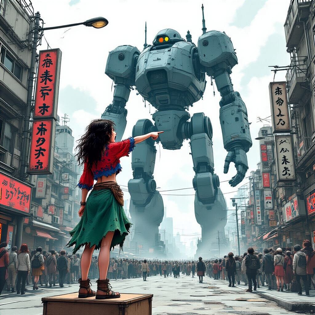 Gypsy Woman Yelling in Dystopian Manga City