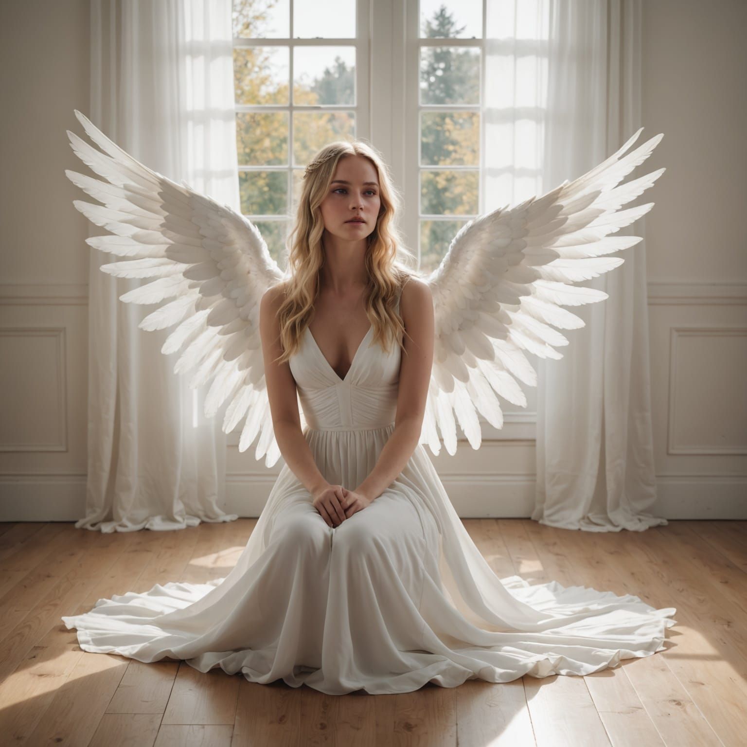 Angelic Woman with White Wings in Dreamy Light