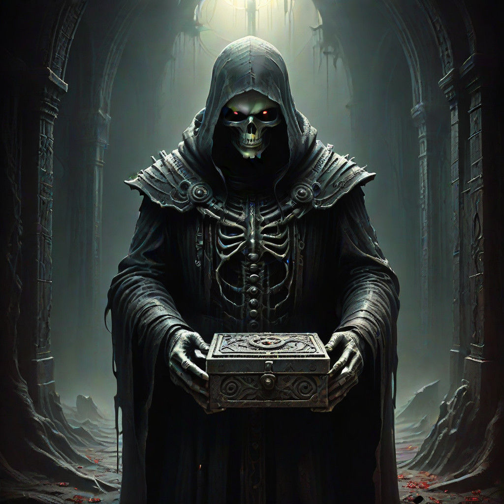 Dark Figure Wields Crimson Sword in Ominous Gothic Landscape