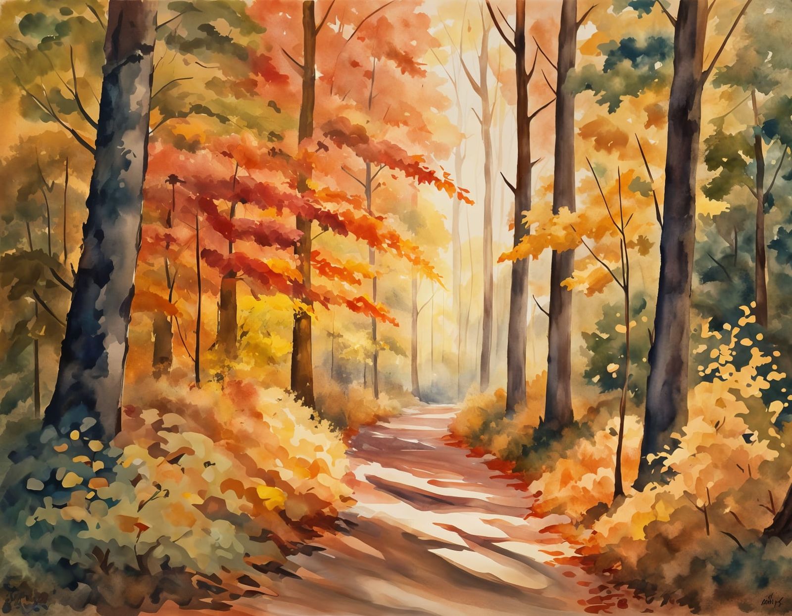 Autumn Forest in Watercolor and Oil Painting Style
