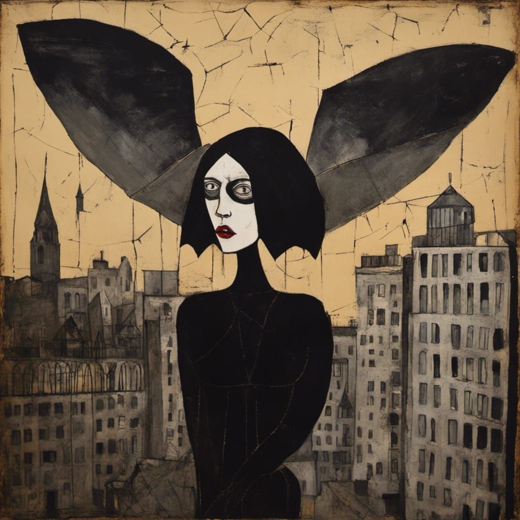 Creepy flying female vampire over London brutalism primitive art Brut Pablo Picasso