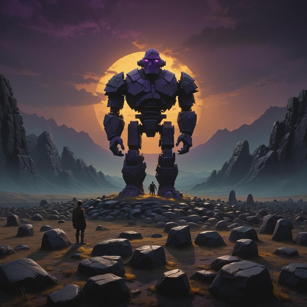 Dark Fantasy Golem Watches Over Stone Field