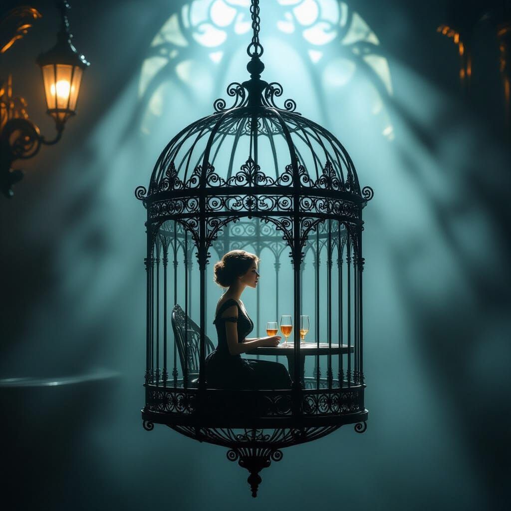 Art Nouveau Birdcage Holds Miniature Tavern Scene