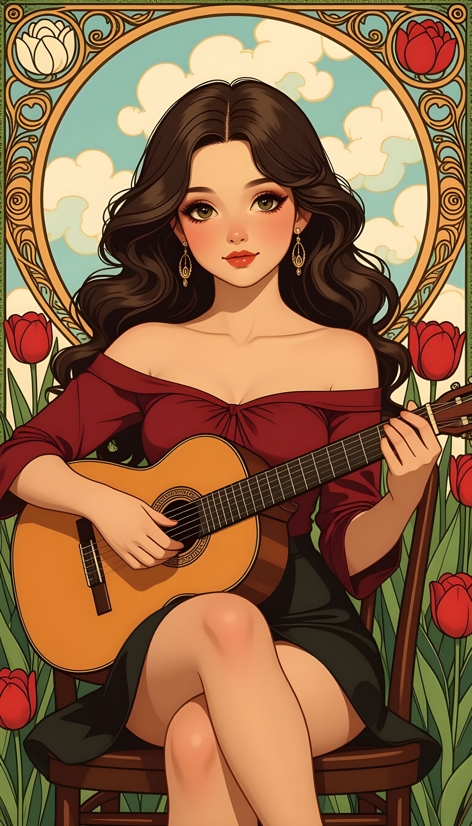 Girl with Guitar in a Tulip Garden