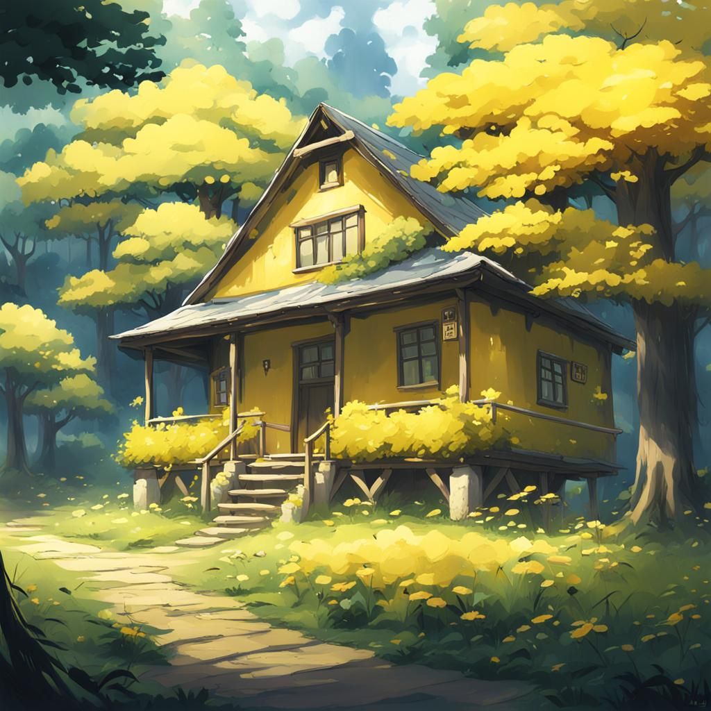 Anime Style Yellow Cottage in Forest Scene
