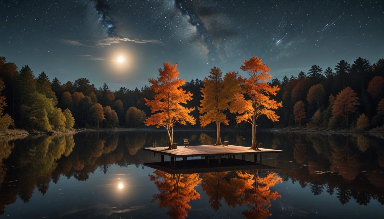 Surreal Lake Scene with Autumn Colors and Moon
