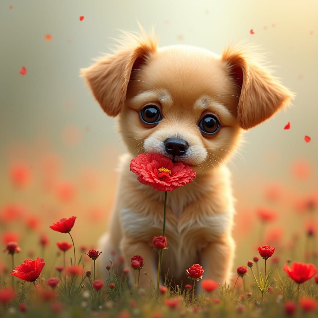Puppy Holding Poppy in Hyperrealistic Style