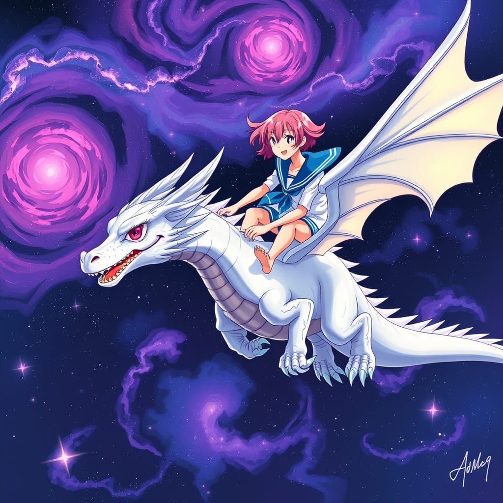 Sailor Girl Soars Through Cosmic Skies with Majestic Dragon ...