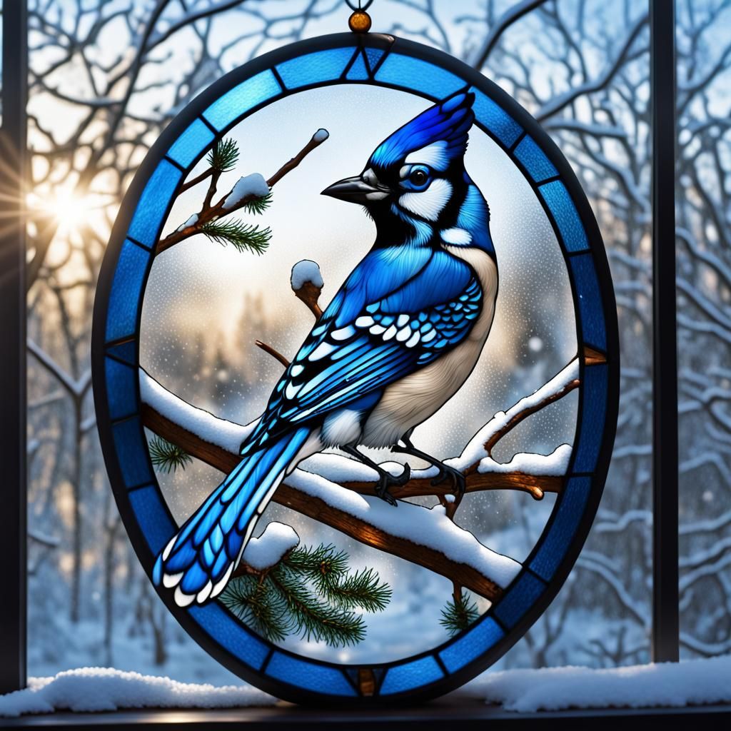 Stained Glass Blue Jay in Glass Bubble