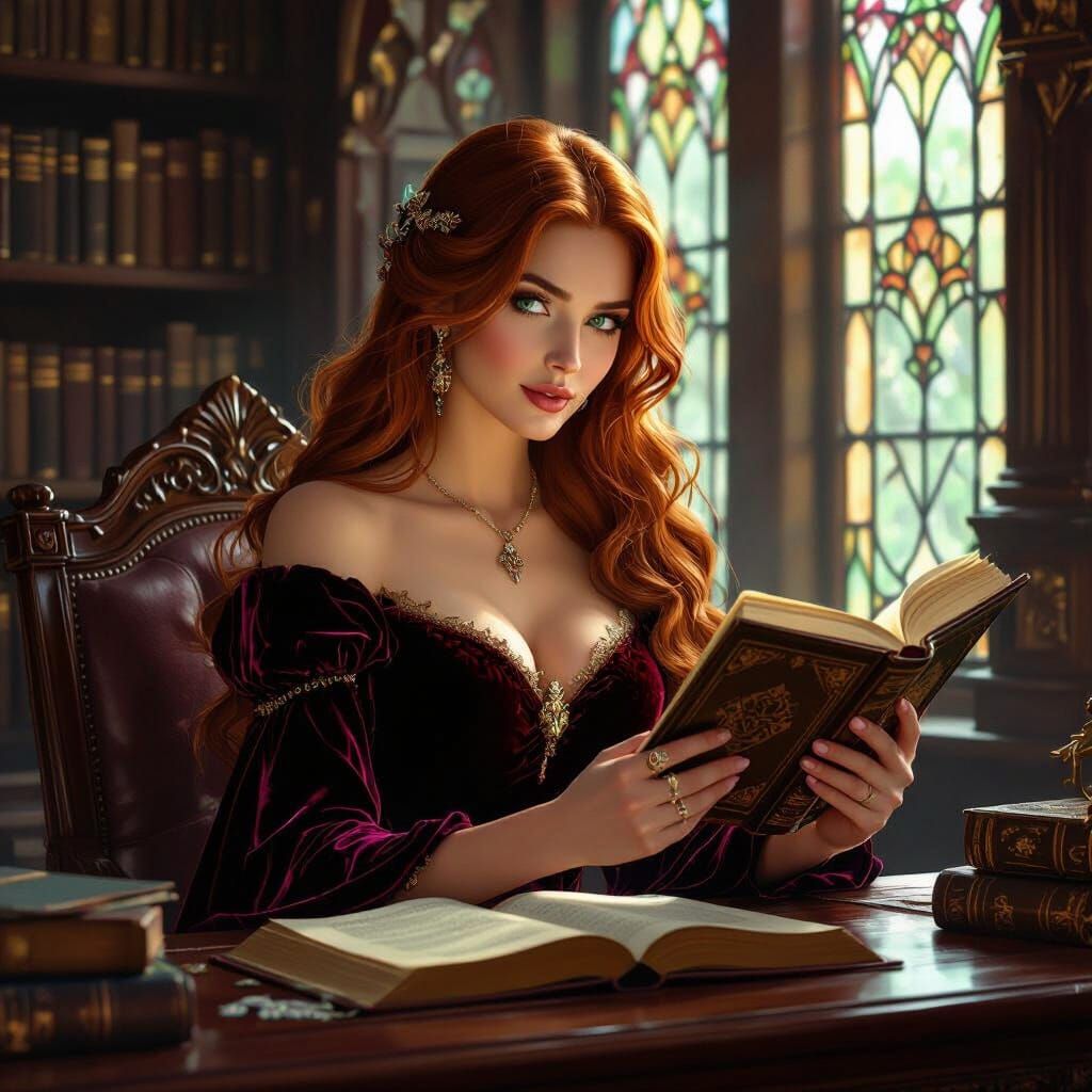 Auburn-Haired Woman Reading in Art Nouveau Library