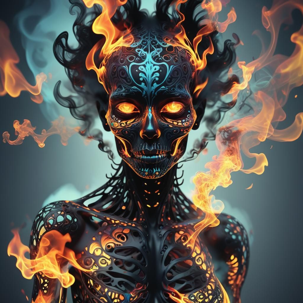 Skeleton with Burning Gaze in Abstract Memphis Design