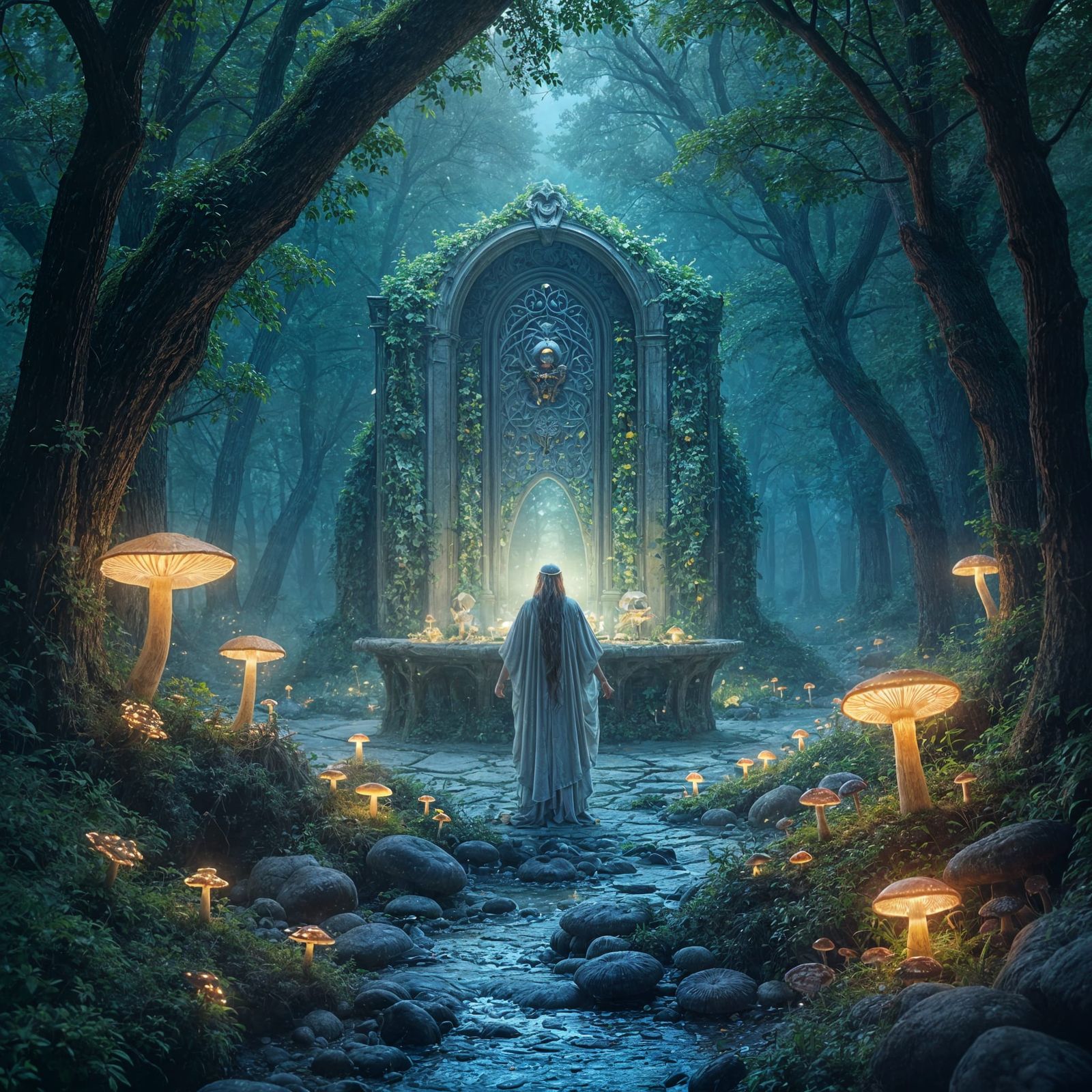 Ethereal Forest Altar in the Style of a Fantasy Painting