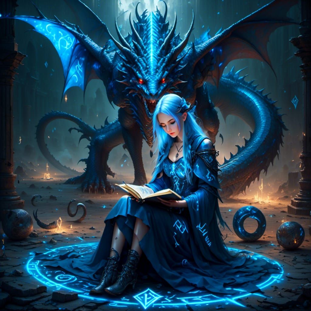 Sorceress and Dragon with Glowing Runes