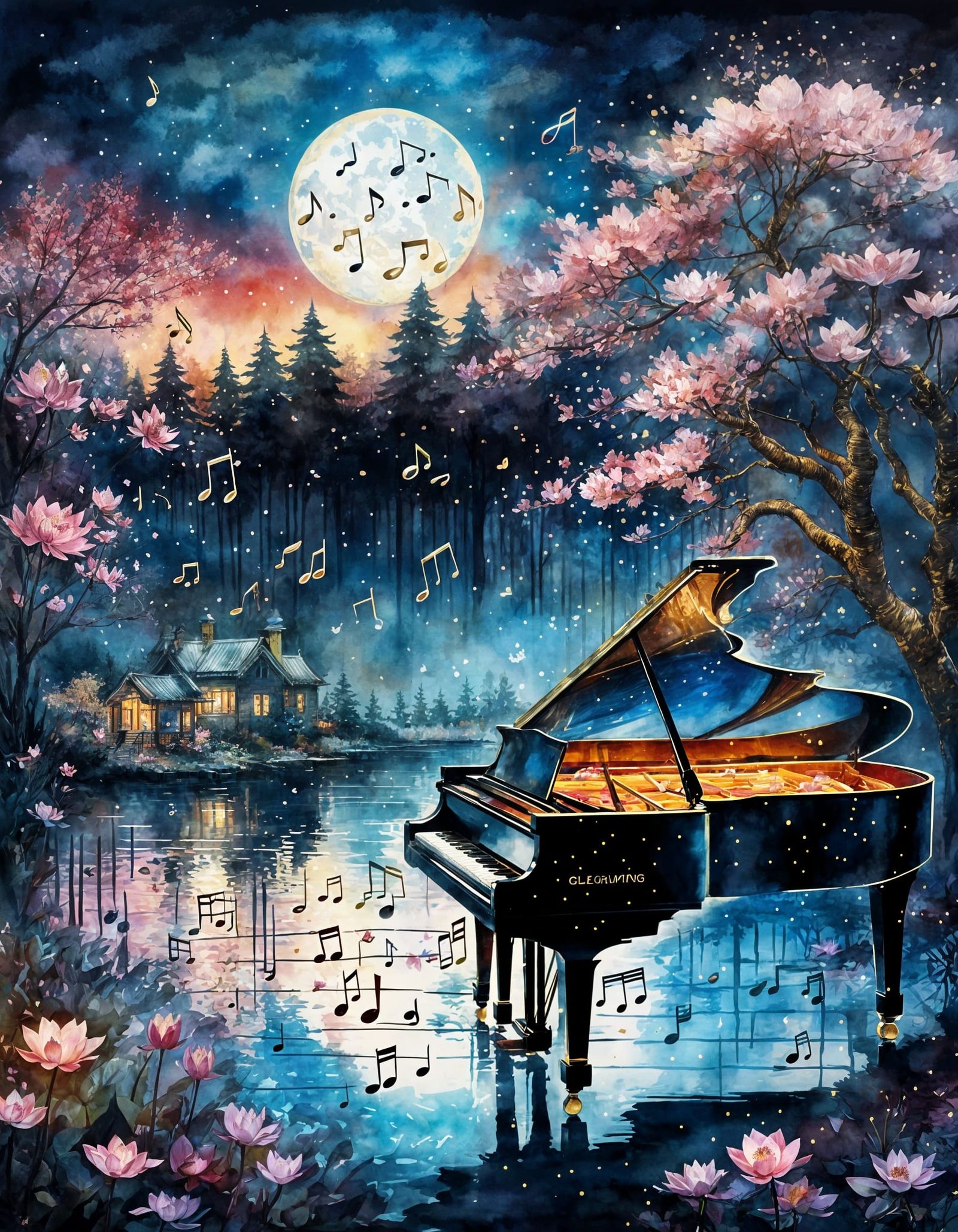 Piano of Music Notes Under a Blood Moon
