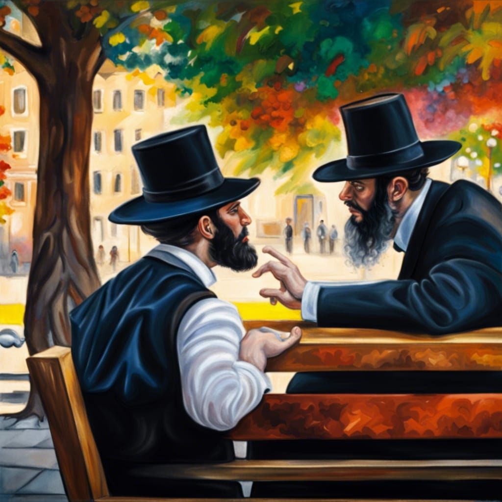 Hasidic Men Arguing on Bench in Chagall Style