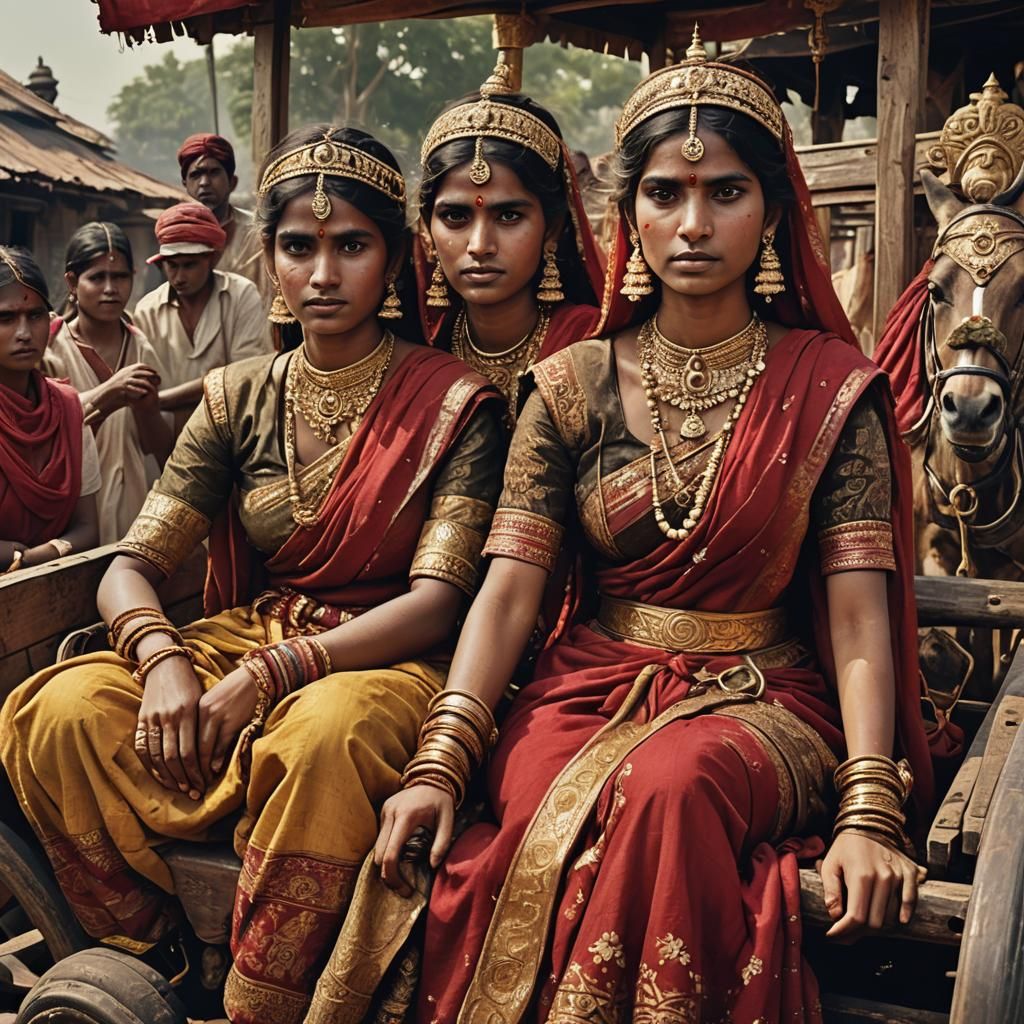 Distressed Hindu Princesses on Bullock Cart in 3D